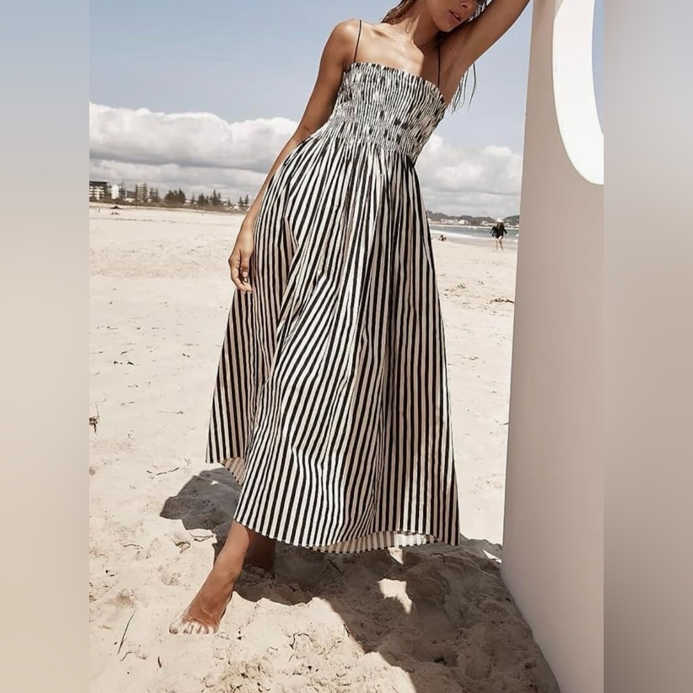 Smocked Striped Black and White Maxi dress